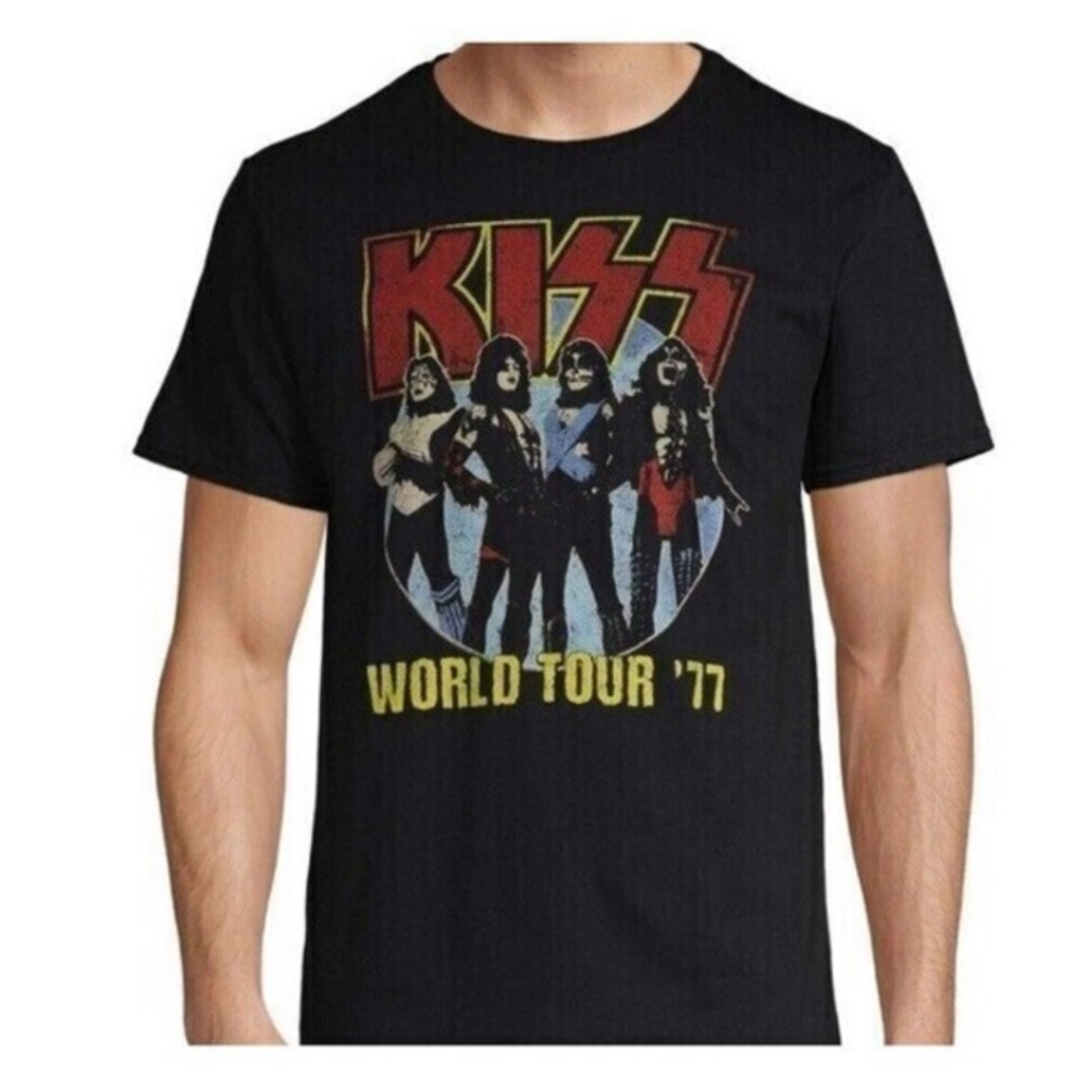 KISS Retro World Tour ‘77 Band Tee Graphic T-Shirt Black Cotton Unisex Size XL